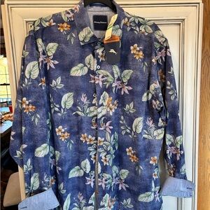 Tommy Bahama Navy Blue Floral Resort Shirt with Orange Accents